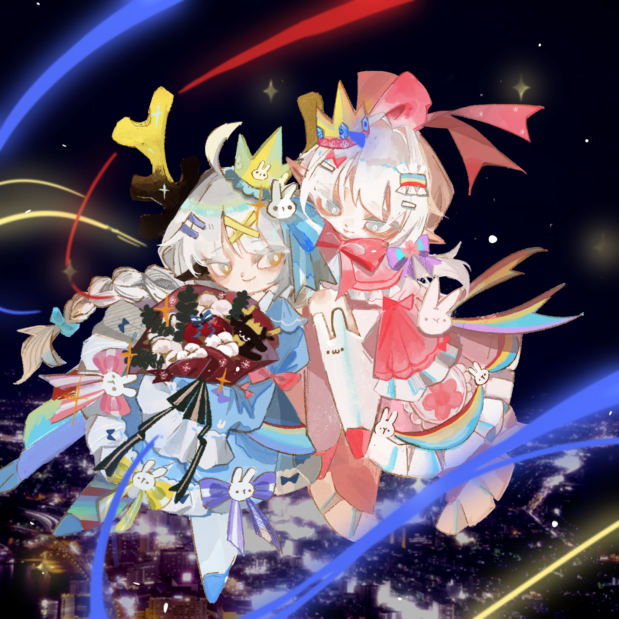 城市夜光背景的雙人角色插畫