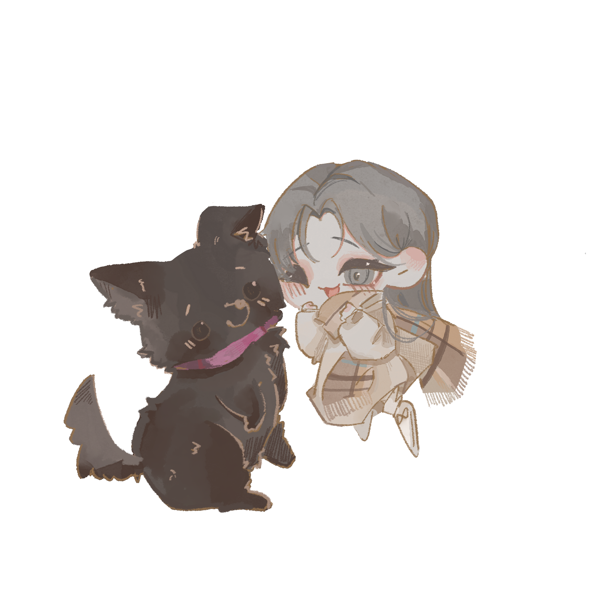 角色與黑色小狗的透明背景插畫